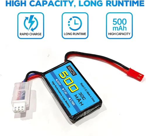 Vista 7 de 7.4V 500mAh 30C JST-2P Plug Lipo batería con USB para helicópteros controlados a distancia, cuadricópteros, autos de carreras micro FPV, drones