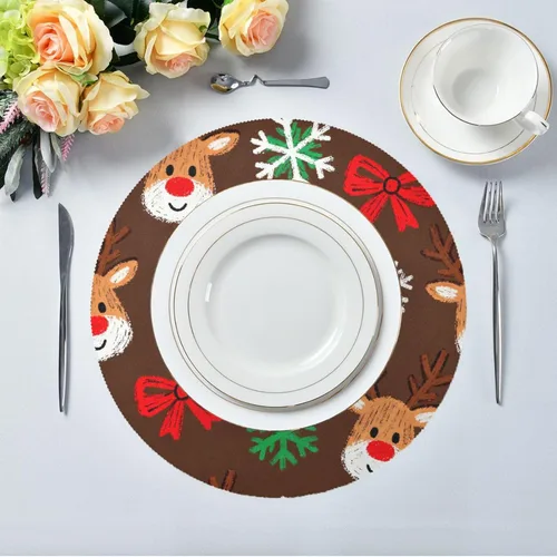 Vista 5 de Manteles individuales de Navidad con lazo y ciervos marrones para mesa de comedor, tejido redondo, reutilizables, para bebé, juego de 4 manteles