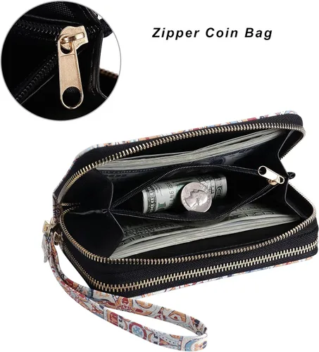 Vista 3 de Cartera de teléfono celular para mujer con doble cremallera y correa de muñeca extraíble