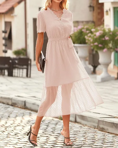 Vista 2 de BTFBM Vestido midi bohemio de verano para mujer, manga corta, cuello en V, lunares suizos, cinturón, cintura alta, volantes, escalonado, vestido