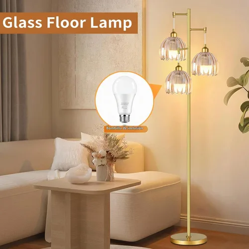 Vista 3 de ZECOXOL Lámparas de pie doradas para sala de estar dormitorio - Lámpara de pie de vidrio de 3 luces con tres bombillas LED, lámpara de pie alta