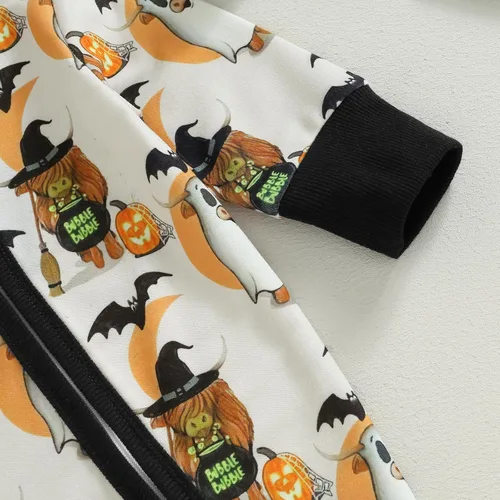 Vista 5 de Wrrkayly Ropa de Halloween para bebés niños y niñas, recién nacidos, manga larga, con capucha, mameluco de calabaza, fantasma, con cremallera
