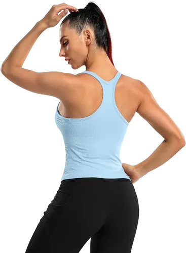 Vista 164 de ATTRACO Camiseta corta acanalada de entrenamiento para mujer con brasier integrado para yoga, espalda cruzada, ajuste ajustado