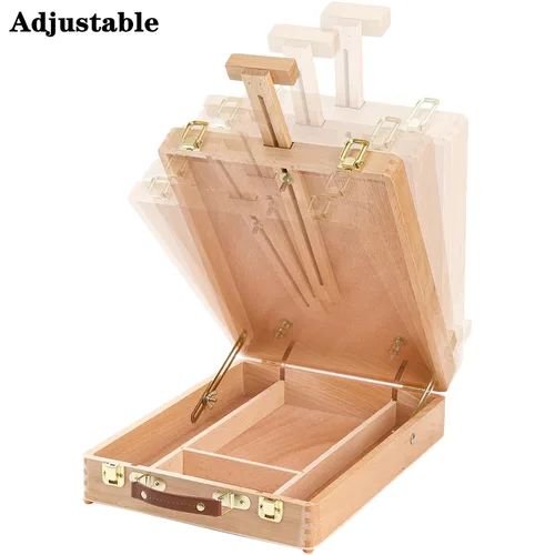 Vista 9 de DEAYOU Caja de almacenamiento de caballete de mesa de madera, caja de bocetos portátil de madera de haya para pintar, funda de caballete de madera