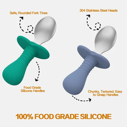 Vista 3 de Juego de 4 cucharas para bebés, juego de cubiertos para niños con mango de silicona, cucharas seguras para niños de acero inoxidable 18/8, sin BPA