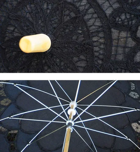 Vista 4 de Sombrilla de encaje para boda para novia de algodón a la moda con mango de madera color negro