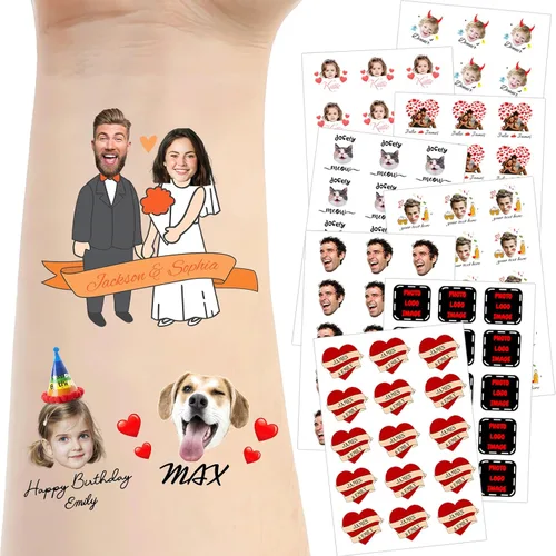 Vista 26 de Tatuajes temporales personalizados para la cara, tatuajes faciales personalizados con nombre de foto, logotipo, texto, calcomanía de tatuaje falsa