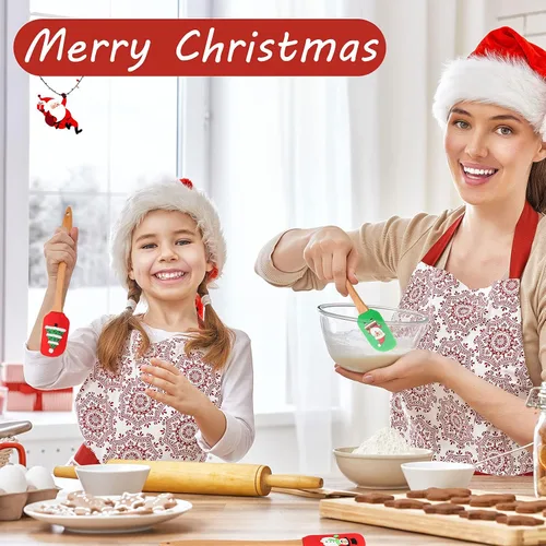 Vista 4 de 8 espátulas de silicona de Navidad con mango de madera, utensilios de raspador de pasteles navideños para hornear, con patrón de Papá Noel