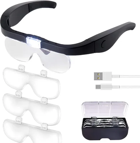 Vista 10 de Lupa de diadema iluminada recargable, herramienta de aumento manos libres para joyas, extensiones de pestañas, reparación de relojes, punto de cruz