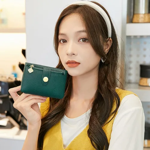 Vista 7 de Carteras para mujer, billetera pequeña Rfid para mujer, billetera de cuero plegable para mujer, tarjetero plegable con cremallera extraíble (verde)