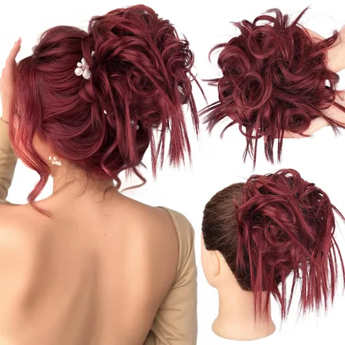 Vista 14 de HMD - Extensiones de cabello tipo chongo alborotado con rodelo despeinado, banda elástica de goma, extensiones de cabello sintético para mujer