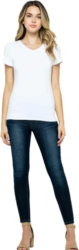 Vista 4 de Camiseta básica básica de algodón suave para mujer, manga corta, cuello redondo y cuello en V, ajustada