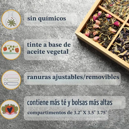 Vista 2 de Caja Organizadora de Té de Bambú Sin Químicos Ecológica Grande, Alta, Compartimentos Ajustables Baúl de Almacenamiento de Madera Natural