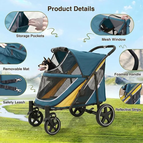 Vista 7 de Cochecito para perros medianos y grandes, plegable con un solo clic, cochecito para mascotas extra grande para 2 perros con bolsillo