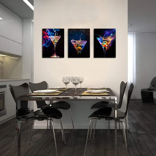 Vista 2 de Biuteawal - 3 piezas de arte de pared colorido vino espumoso, pintura sobre lienzo, bebidas de vino, impresión artística para decoración de fiestas