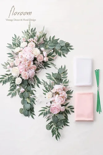 Vista 7 de Floroom Kit de Flores de Arco con Cortinas (Paquete de 4) - 2 piezas de Guirnalda Floral Artificial Rosa Rubor con 2 piezas de Tela Drapeada