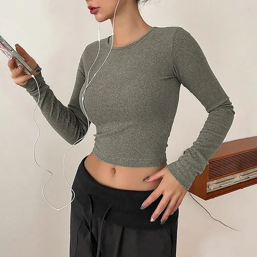 Vista 7 de Camisas de manga larga para mujer, ajustadas, casuales, básicas, para salir, ajustadas, cuello redondo, parte inferior ajustada