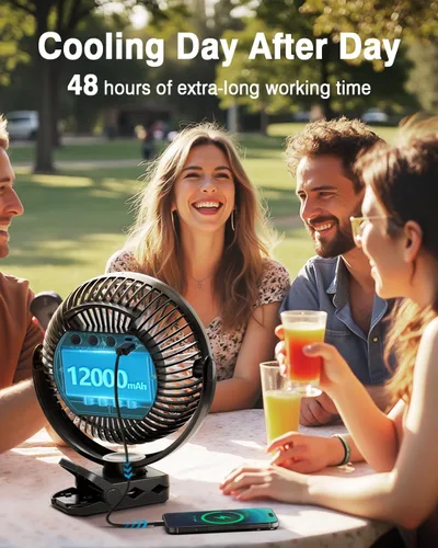 Vista 3 de FRIZCOL Ventilador portátil de 12000 mAh con clip de 8 pulgadas, recargable, funciona con pilas, ventiladores de campamento con luces y control