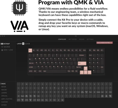 Vista 5 de Keychron K4 Pro 96% Layout Teclado mecánico inalámbrico QMK/VIA Bluetooth/USB personalizado con cable, intercambiable en caliente, 100 teclas