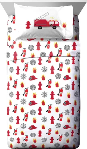 Vista 3 de Trend Collector - Juego de edredón individual de camión de bomberos de 5 piezas, ropa de cama para niños
