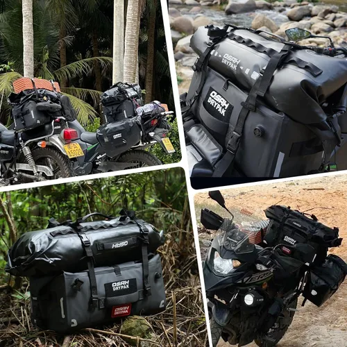 Vista 5 de Bolsa de lona impermeable y maleta - Bolsa seca para motocicleta, bolsas de sillín con cierre enrollable, gran espacio de almacenamiento, para Negro