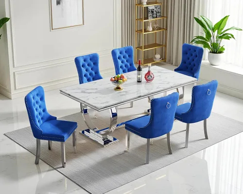Vista 33 de Juego de mesa de comedor de mármol para 4, mesa de cocina rectangular de mármol blanco de 70 pulgadas con base en O de acero inoxidable dorado