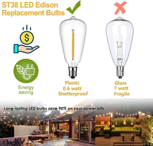 Vista 3 de Couah Paquete de 10 bombillas LED Edison, bombillas de repuesto con base de tornillo E12 de 0.6 W, bombillas LED inastillables ST38, bombillas