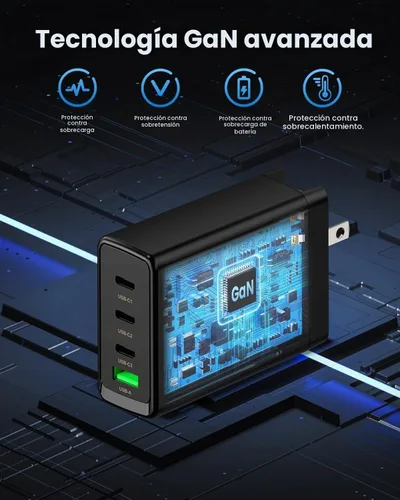 Vista 4 de Bloque de cargador USB C de 100 W, cargador rápido GaN de 4 puertos compatible con MacBook Pro, MacBook Air, Google Pixelbook, ThinkPad, Dell XPS
