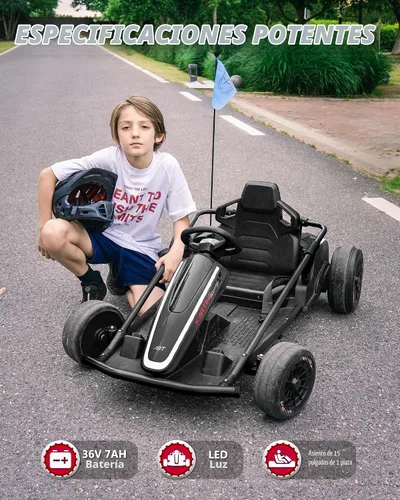 Vista 3 de Go Kart eléctrico de 36 V 10 MPH para edades de 6 a 18 años, carrito de Negro