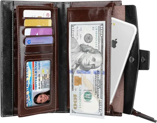 Vista 5 de Itslife Cartera de cuero con bloqueo RFID de gran capacidad para mujer, cartera de chequera auténtica, Oilcoffee, Classic