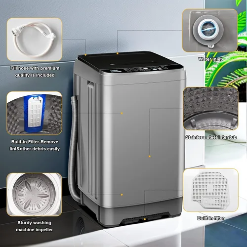 Vista 5 de Qhou Lavadora completamente automática, lavadora portátil de capacidad de 15.6 libras, con bomba de drenaje, pantalla LED, 8 selecciones de niveles