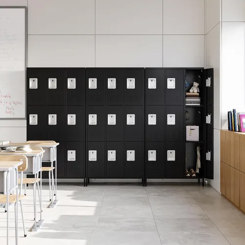 Vista 5 de STANI Taquillas de metal para empleados con cerradura, armario de almacenamiento de acero de 9 puertas altas con estantes, gabinete de acero