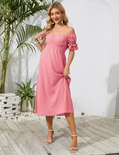 Vista 4 de KOJOOIN Vestido de maternidad de manga corta con hombros descubiertos para mujer, vestido de verano casual con volantes, vestido midi fluido