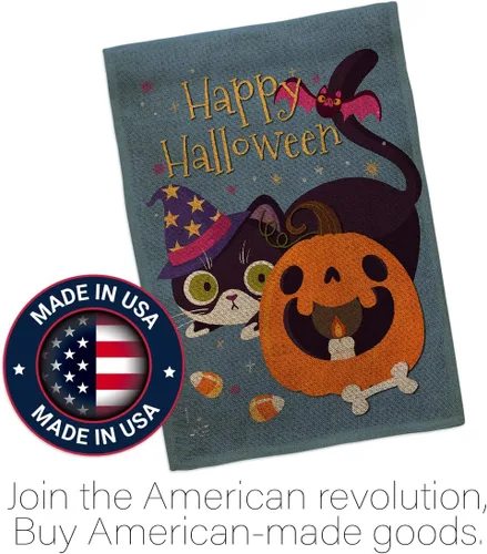 Vista 5 de Juego de bandera de casa de arpillera de gato brujo para otoño, Halloween, truco o trato espeluznante noche negro temporada otoño calabaza