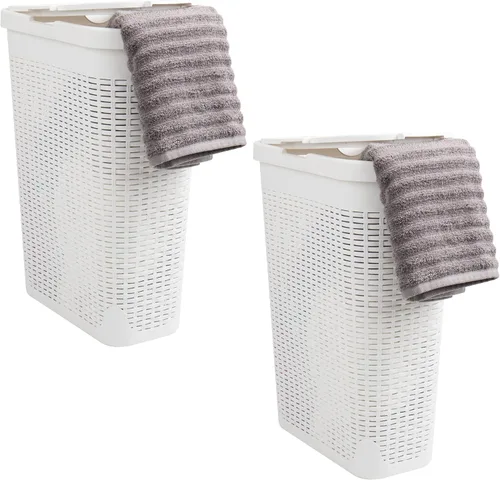 Vista 11 de Mind Reader Cesta de lavandería delgada con tapa, cesta de ropa de 40 L, diseño de mimbre premium, plástico, azul bebé