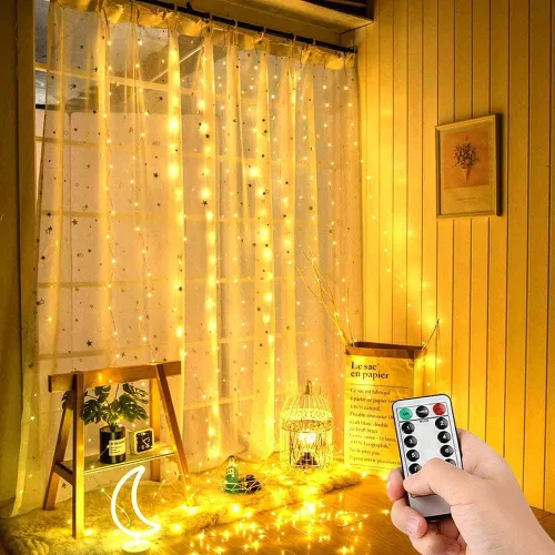 Vista 3 de Comtelek Cortina de luces LED con 8 modos USB con control remoto para el hogar, habitación, boda, fiesta, Navidad, ventana, decoración de pared