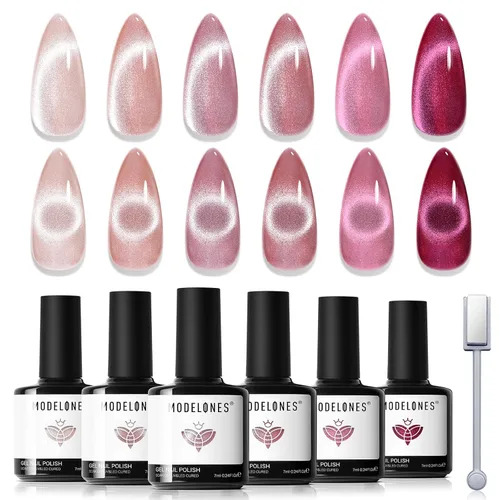 Vista 12 de modelones - Juego de 6 esmaltes en gel con efecto de ojo de gato cristalino, holográfico 9D, brillantina, negro, azul, morado, verde, con imán