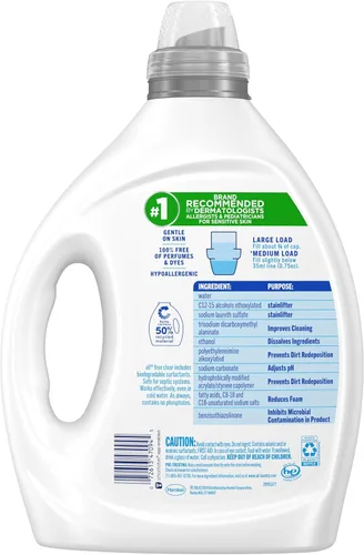 Vista 5 de all free clear, Original, Detergente líquido para lavandería para piel sensible, sin aroma e hipoalergénico, concentrado, 82.5 onzas líquidas, 110