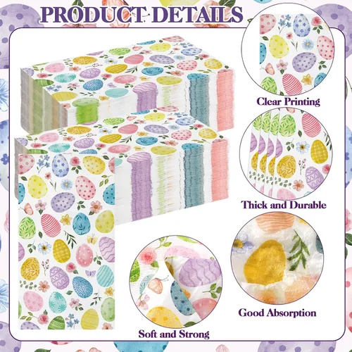 Vista 3 de Chiisong 200 servilletas de huevo de Pascua a granel, servilletas desechables de papel de acuarela floral de primavera con texto en inglés "He Is