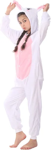 Vista 4 de WOYASIM Disfraz de conejo de franela para niños, disfraz de animal para niñas y niños, Halloween, conejo de Pascua