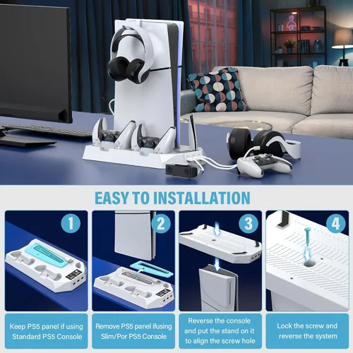 Vista 7 de Soporte delgado para PS5 y estación de refrigeración con estación de carga de controlador para Playsation 5 Slim & Standard Disc/consola digital