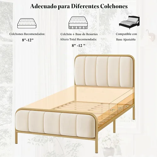 Vista 7 de HITHOS Base de cama tamaño individual con cabecera tapizada con botones, base de colchón de metal resistente con listones de madera, fácil
