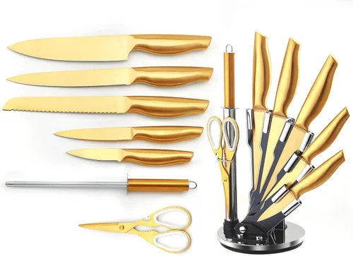 Vista 2 de Juego de cuchillos de cocina dorados con bloque, 8 cuchillos de chef de acero inoxidable de alto carbono con revestimiento de titanio dorado