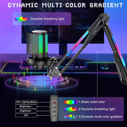 Vista 2 de KingSom Micrófono USB para juegos, micrófono condensador de cancelación de ruido con brazo de brazo RGB, micrófonos para podcast RGB