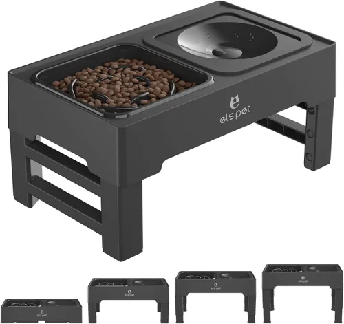 Vista 8 de Cuencos elevados para perros ELS PET, cuencos ajustables elevados para perros con cuenco de agua para perros sin derrames y comedero de acero