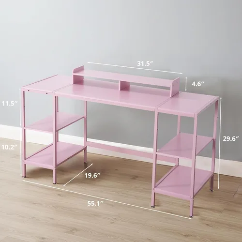 Vista 3 de MINOSYS Escritorio para computadora de 55 pulgadas con estante de almacenamiento - Rosa, ideal para dormitorios, espacios pequeños y oficinas
