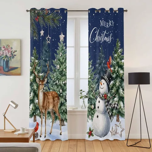Vista 42 de Libaoge Cortinas de Navidad para cocina, dormitorio, juego de 2 paneles, diseño de muñeco de nieve de Navidad, cortinas de invierno con copos