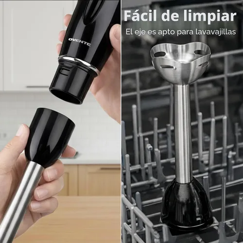 Vista 7 de OVENTE - Batidora de mano de inmersión, eléctrica portátil de 300W con 2 velocidades de mezcla y cuchillas de acero inoxidable para licuados, Negro