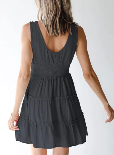 Vista 2 de Dokotoo Vestidos de verano para mujer, sin mangas, con botones, cintura elástica, volantes, escalonados, casual, con vuelo, mini vestido