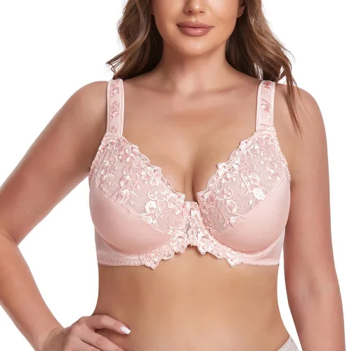 Vista 14 de TELIMUSSTO Brasier con aros de encaje floral de cobertura completa para mujer, talla grande, sin relleno, cómodo Beige